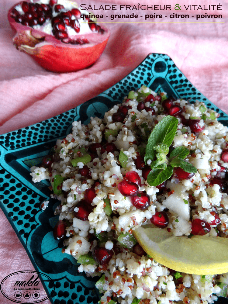 Lire la suite à propos de l’article Salade fraîcheur & vitalité | Quinoa – Grenade – Poire – Citron